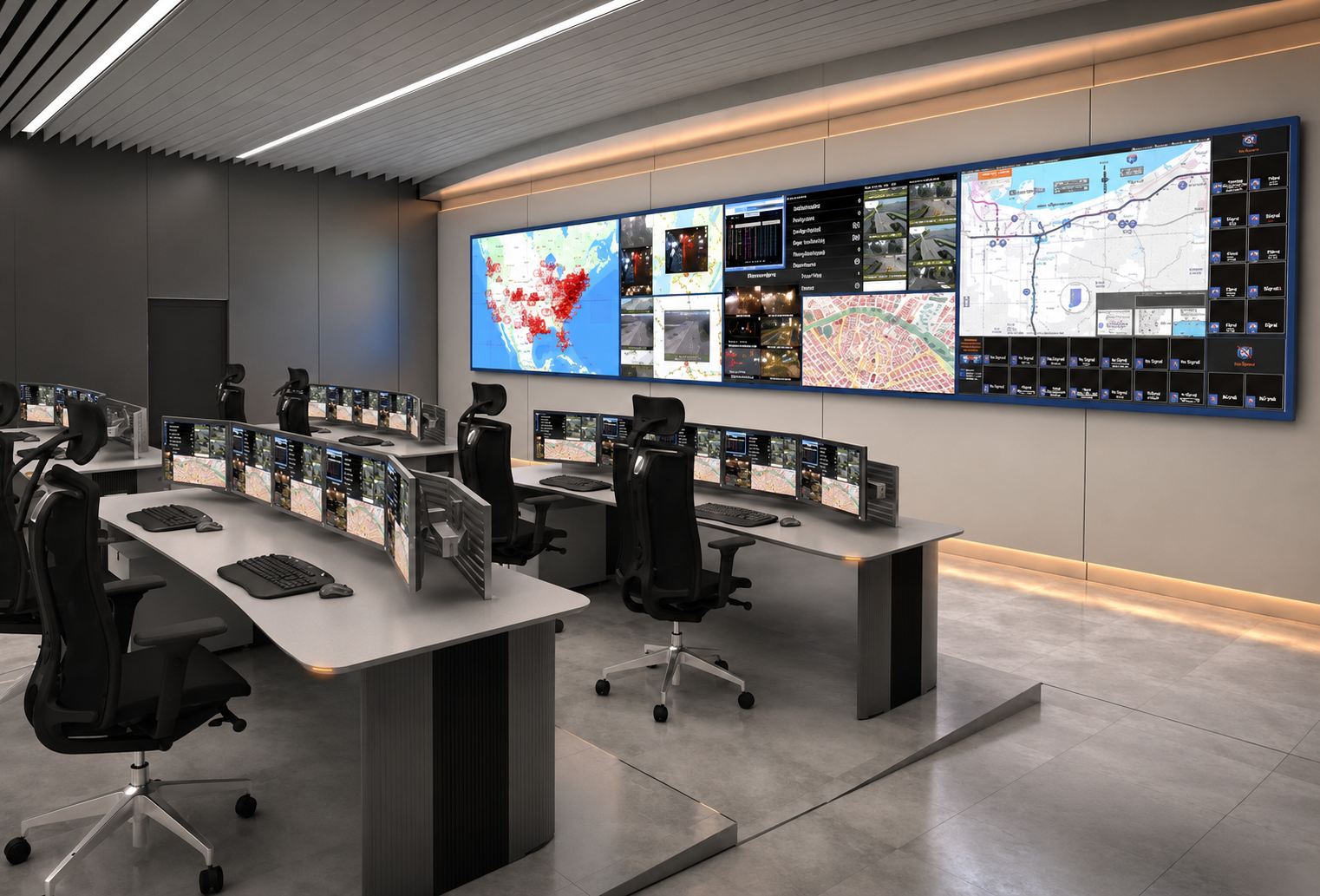 Mission critical control room with operators and large displays